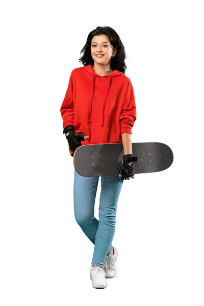 Full Length Shot Young Skater Woman Red Sweatshirt Isolated White — Stock Photo, Image