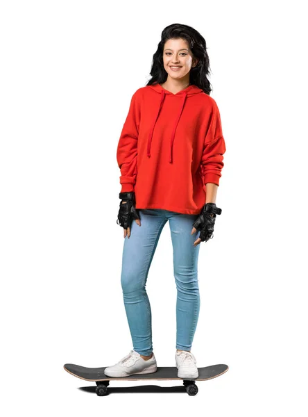 Full Length Shot Young Skater Woman Red Sweatshirt Isolated White — Stock Photo, Image