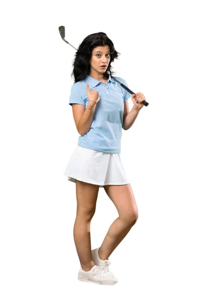 Full Length Shot Young Golfer Woman Surprise Facial Expression Isolated — Stock Photo, Image