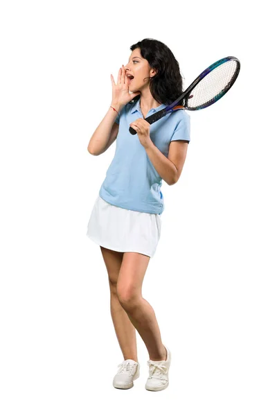 Eine Ganzkörperaufnahme Einer Jungen Tennisspielerin Die Mit Weit Geöffnetem Mund — Stockfoto