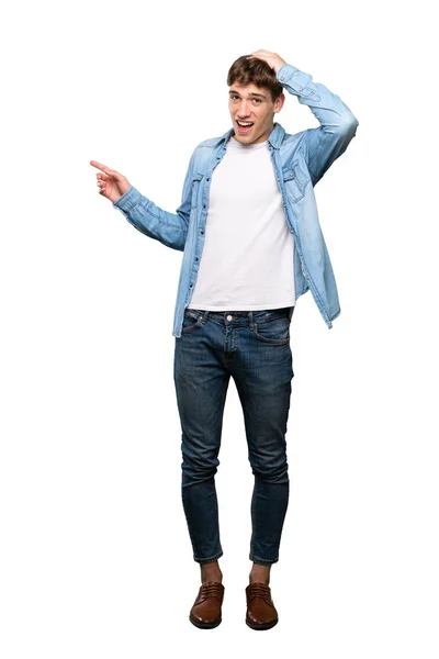 Full Length Shot Handsome Young Man Surprised Pointing Finger Side — Stock Photo, Image
