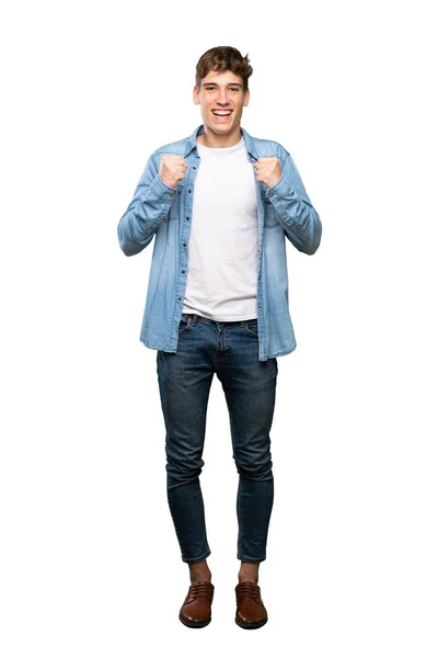 Full Length Shot Handsome Young Man Celebrating Victory Winner Position — Stock Photo, Image
