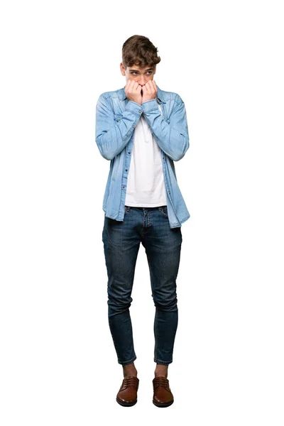 Full Length Shot Handsome Young Man Nervous Scared Putting Hands — Stock Photo, Image