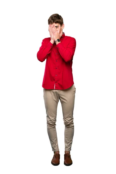 Full Length Shot Handsome Young Man Covering Eyes Looking Fingers — Stock Photo, Image