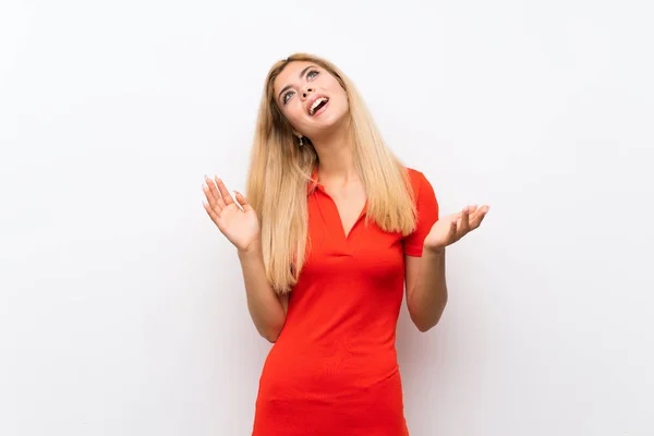 Adolescente Chica Sobre Aislado Blanco Fondo Sonriendo Mucho —  Fotos de Stock