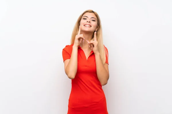 Chica Adolescente Sobre Fondo Blanco Aislado Sonriendo Con Una Expresión — Foto de Stock