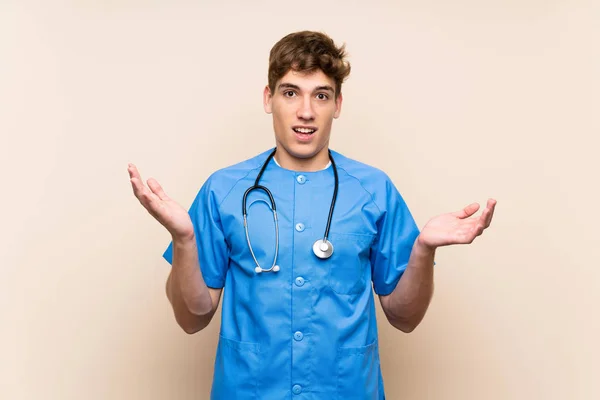 Surgeon Doctor Young Man Isolated Wall Shocked Facial Expression — Stock Photo, Image