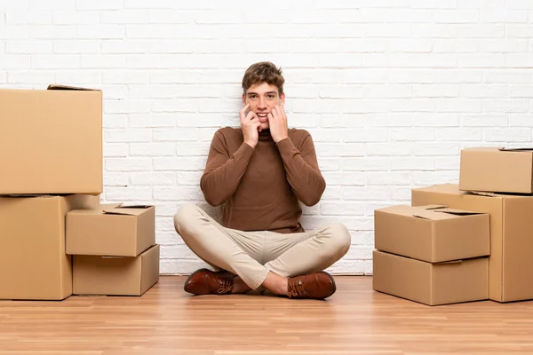 Handsome Young Man Moving New Home Boxes Surprise Facial Expression — Stock Photo, Image