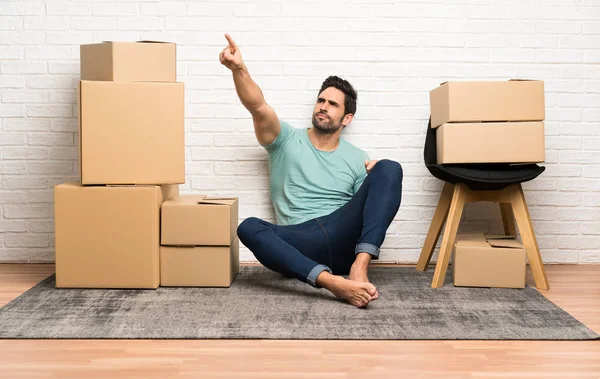 Handsome Young Man Moving New Home Boxes Touching Transparent Screen — Stock Photo, Image