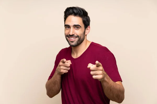 Schöner Junger Mann Mit Isoliertem Hintergrund Zeigt Mit Dem Finger — Stockfoto