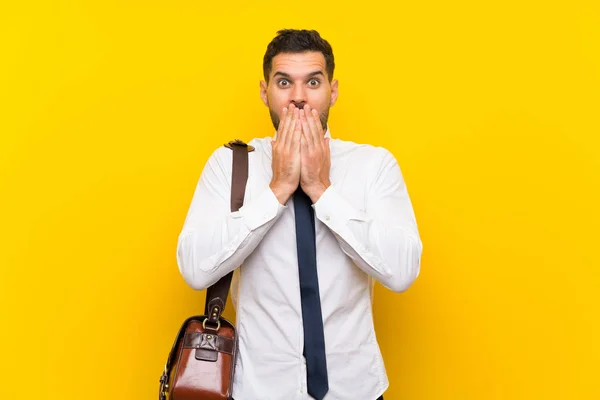Handsome Businessman Isolated Yellow Background Surprise Facial Expression — Stock Photo, Image