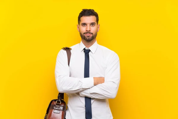 Handsome Businessman Isolated Yellow Background Keeping Arms Crossed — Stock Photo, Image