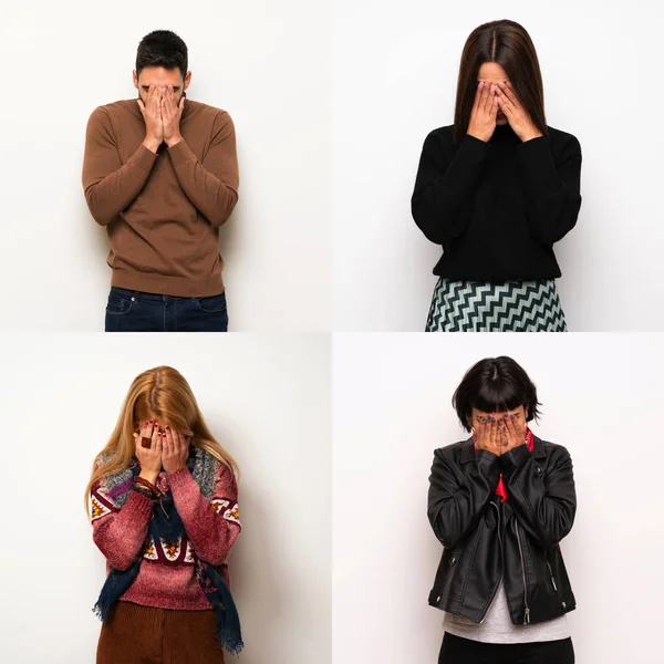 Conjunto Personas Con Expresión Cansada Enferma —  Fotos de Stock