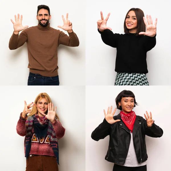 Set of people counting eight with fingers