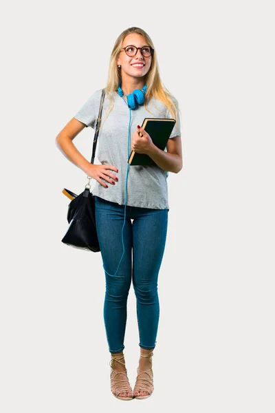 Full Body Student Girl Med Glasögon Poserar Med Armar Höft — Stockfoto