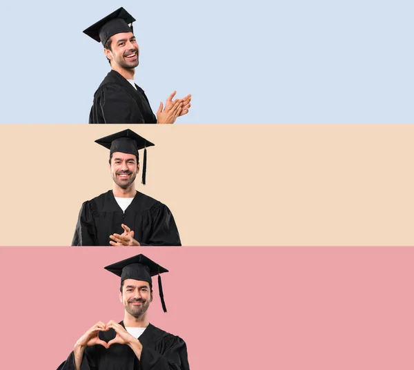 Conjunto Homem Seu Dia Formatura Universidade Aplaudindo Após Apresentação Uma — Fotografia de Stock