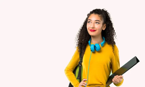 Teenager Student Girl Curly Hair Posing Arms Hip Grey Background — Stock Photo, Image