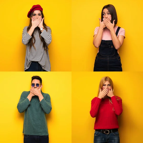 Conjunto Personas Cubriendo Boca Con Las Manos Por Decir Algo —  Fotos de Stock