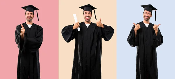 Ensemble Homme Jour Son Diplôme Université Donnant Pouce Geste Souriant — Photo