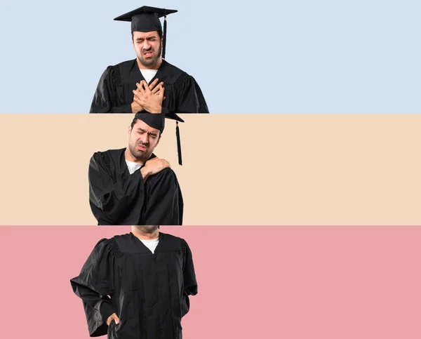 Set Van Man Zijn Afstuderen Dag Universiteit Met Een Pijn — Stockfoto