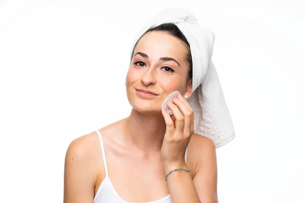 Young Woman Removing Makeup Her Face Cotton Pad — Stock Photo, Image
