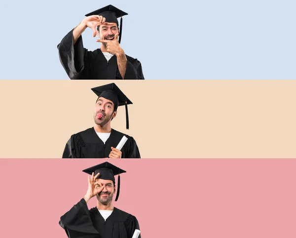 Set Van Man Zijn Afstuderen Dag Universiteit Focus Gezicht Framing — Stockfoto