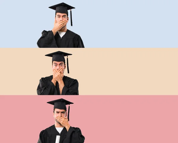 Set of Man on his graduation day University covering mouth with hands for saying something inappropriate. Can not speak on colorful background