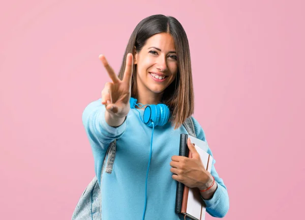 Junges Studentenmädchen Mit Blauem Pullover Und Kopfhörern Lächelnd Und Mit — Stockfoto