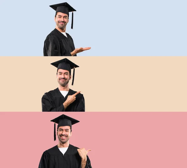 Set of Man on his graduation day University presenting a product or an idea while looking smiling towards on colorful background