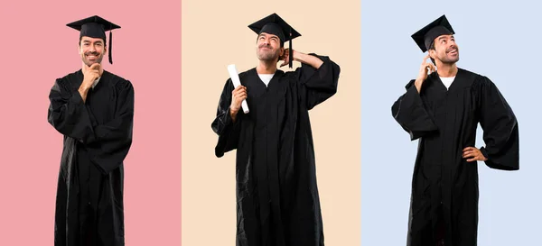 Set Uomo Nel Suo Giorno Laurea Università Avere Dubbi Con — Foto Stock