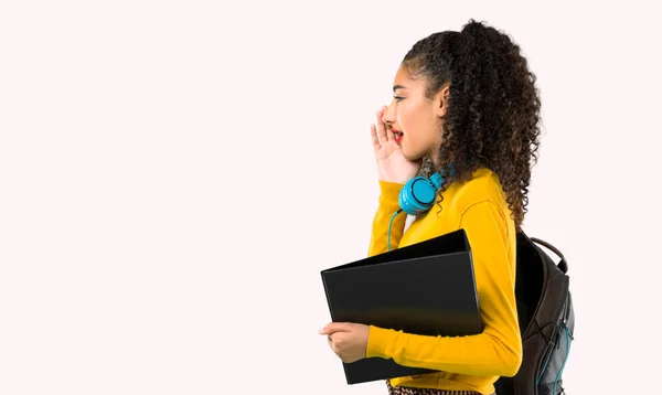 Teenager Student Girl Curly Hair Shouting Mouth Wide Open Announcing — Stock Photo, Image