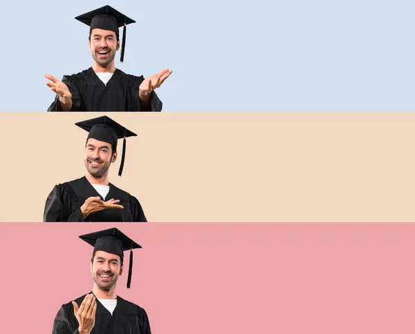 Set Van Man Zijn Afstuderen Dag Universiteit Presenteren Uitnodigen Met — Stockfoto