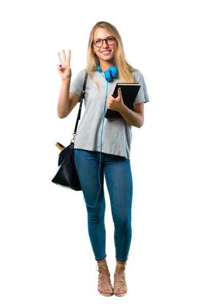 Una Toma Completa Estudiante Chica Con Gafas Feliz Contar Tres —  Fotos de Stock