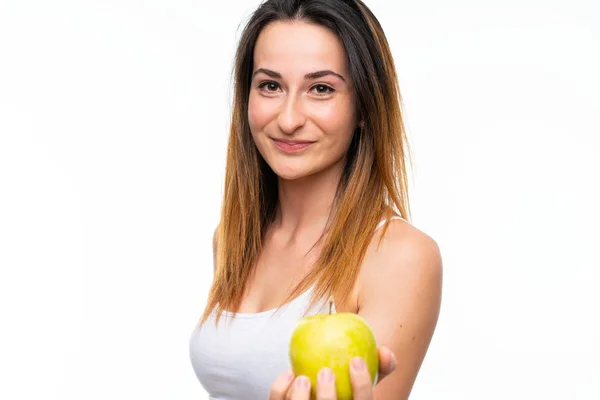 Mujer Joven Con Una Manzana Sobre Fondo Blanco Aislado — Foto de Stock