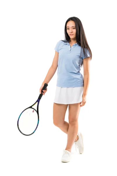 Junge Asiatische Tennisspielerin Über Isolierten Weißen Hintergrund — Stockfoto