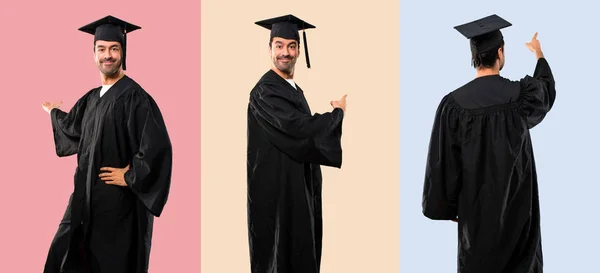 Állítsa Ember Diplomaosztás Napján Egyetem Mutat Vissza Mutatóujját Bemutató Termék — Stock Fotó