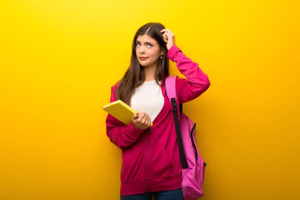 Teenager Student Girl Vibrant Yellow Background Thinking Idea — Stock Photo, Image