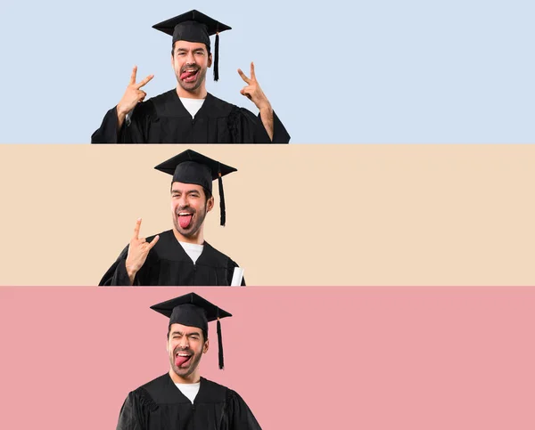 Set Hombre Día Graduación Universidad Mostrando Lengua Cámara Teniendo Mirada — Foto de Stock