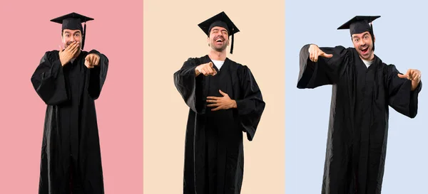 Set Van Man Zijn Afstuderen Dag Universiteit Wijzend Met Vinger — Stockfoto