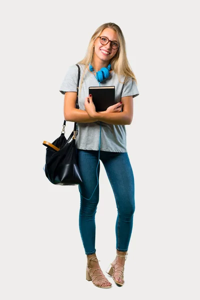 Full Body Student Girl Med Glasögon Hålla Armarna Korsade Medan — Stockfoto