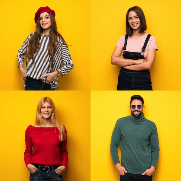 Öne bakan gülen insanlar seti