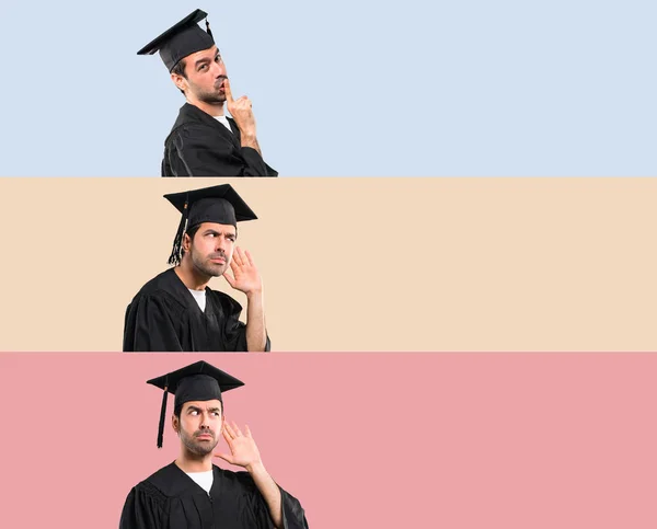 卒業式の日に男のセットは 口を閉じ 口に指を入れて カラフルな背景に何かを聞く沈黙のジェスチャーの兆候を示す大学 — ストック写真
