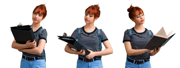 Set Young Student Redhead Girl Folder — Stock Photo, Image