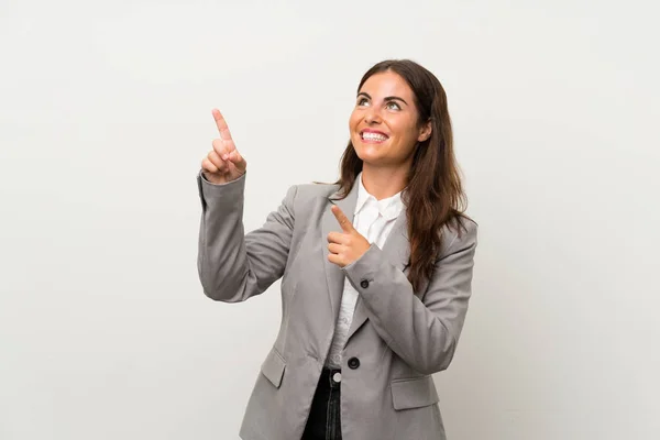 Junge Geschäftsfrau Vor Isoliertem Weißen Hintergrund Die Mit Dem Zeigefinger — Stockfoto
