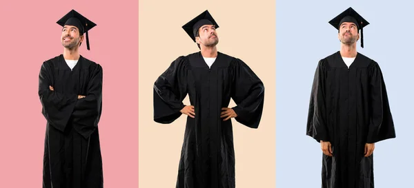 Ensemble Homme Sur Son Stand Université Jour Graduation Regardant Vers — Photo