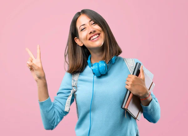 Junges Studentenmädchen Mit Blauem Pullover Und Kopfhörer Lächelnd Und Mit — Stockfoto