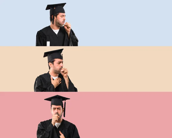 Conjunto Homem Seu Dia Formatura Universidade Está Sofrendo Com Tosse — Fotografia de Stock