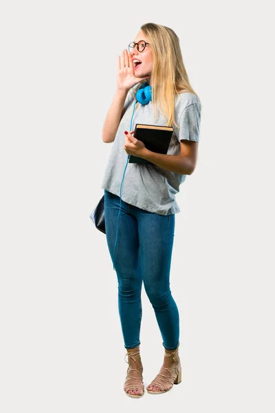 Hela Kroppen Student Tjej Med Glasögon Skrika Med Munnen Vidöppen — Stockfoto