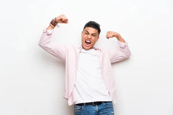 Young Man Isolated White Wall Celebrating Victory — Stock Photo, Image