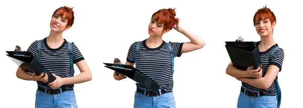 Conjunto Menina Ruiva Estudante Jovem Com Pasta Pensamento — Fotografia de Stock